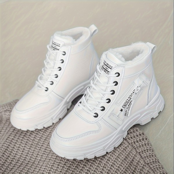 Women's Plush Lined Sneakers, Winter Warm Lace Up High Top Ankle Boots, Thermal Outdoor Shoes Women's Plush Lined Sneakers, Winter Warm Lace Up High Top Ankle Boots, Thermal Outdoor Shoes