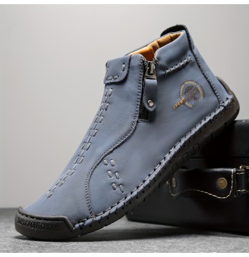 Men's Trendy Leather Boots, Mid-top And Side-zip Boots With Rubber Sole For Autumn And Winter