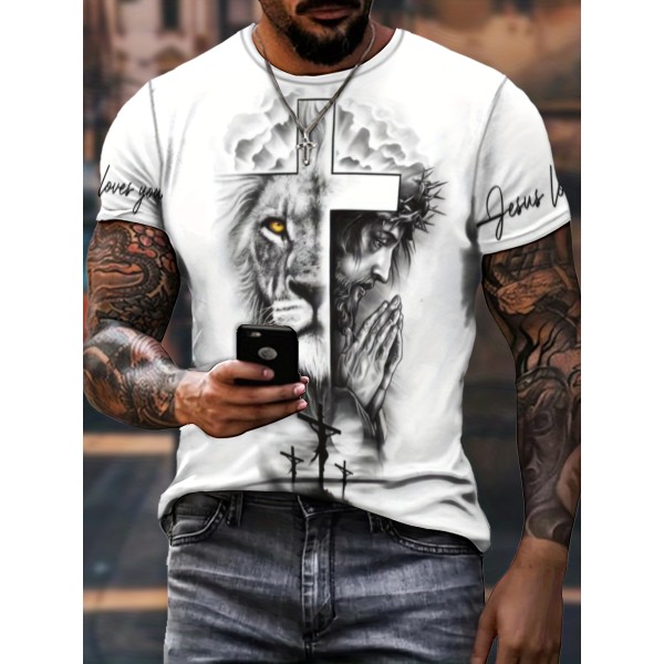 Stylish Cross & Lion Pattern Print Men's Comfy Chic T-shirt, Graphic Tee Men's Summer Outdoor Clothes, Men's Clothing, Tops For Men, Gift For Men Stylish Cross & Lion Pattern Print Men's Comfy Chic T-shirt, Graphic Tee Men's Summer Outdoor Clothes, Men's Clothing, Tops For Men, Gift For Men