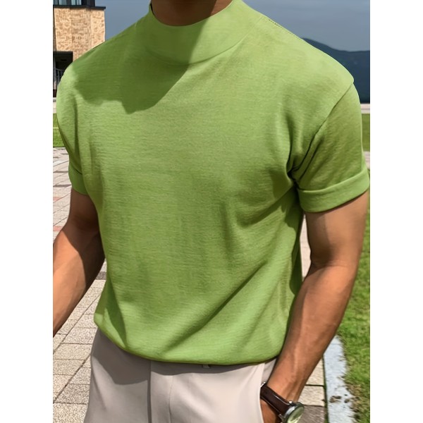 Solid Color Men's Short Sleeve Turtleneck Stretch Comfy T-shirt, Summer Streetwear Solid Color Men's Short Sleeve Turtleneck Stretch Comfy T-shirt, Summer Streetwear