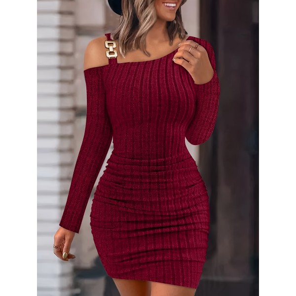 Ribbed Slanted Shoulder Dress, Party Wear Solid Long Sleeve Mini Dress, Women's Clothing Ribbed Slanted Shoulder Dress, Party Wear Solid Long Sleeve Mini Dress, Women's Clothing