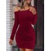 Ribbed Slanted Shoulder Dress, Party Wear Solid Long Sleeve Mini Dress, Women's Clothing Ribbed Slanted Shoulder Dress, Party Wear Solid Long Sleeve Mini Dress, Women's Clothing