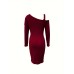 Ribbed Slanted Shoulder Dress, Party Wear Solid Long Sleeve Mini Dress, Women's Clothing Ribbed Slanted Shoulder Dress, Party Wear Solid Long Sleeve Mini Dress, Women's Clothing