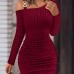 Ribbed Slanted Shoulder Dress, Party Wear Solid Long Sleeve Mini Dress, Women's Clothing Ribbed Slanted Shoulder Dress, Party Wear Solid Long Sleeve Mini Dress, Women's Clothing
