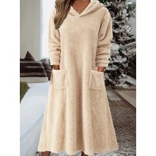 Fuzzy Hooded Midi Dress, Casual Pocket Front Solid Long Sleeve Dress, Women's Clothing