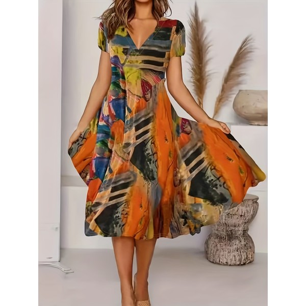 Short Sleeve V Neck Dress, Bohemian Casual Dress For Summer & Spring, Women's Clothing Short Sleeve V Neck Dress, Bohemian Casual Dress For Summer & Spring, Women's Clothing